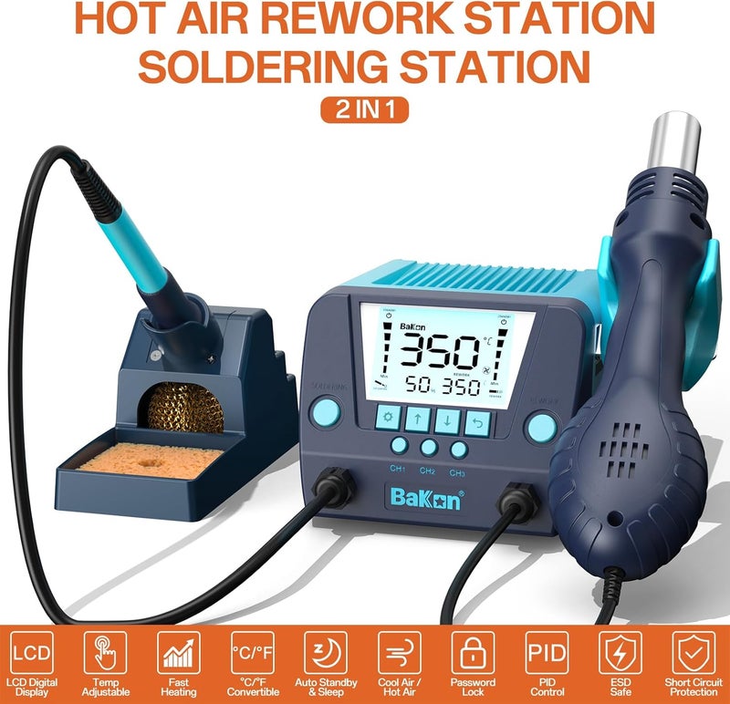 BAKON 882 2-In-1 Digital Soldering Hot Air Rework Station Kit with 3 Preset Channels,Auto Sleep Solder Iron, °C/°F Conversion,Solder Wire, Tips,Tweezers, Nozzles,Solder Sucker - Image 2